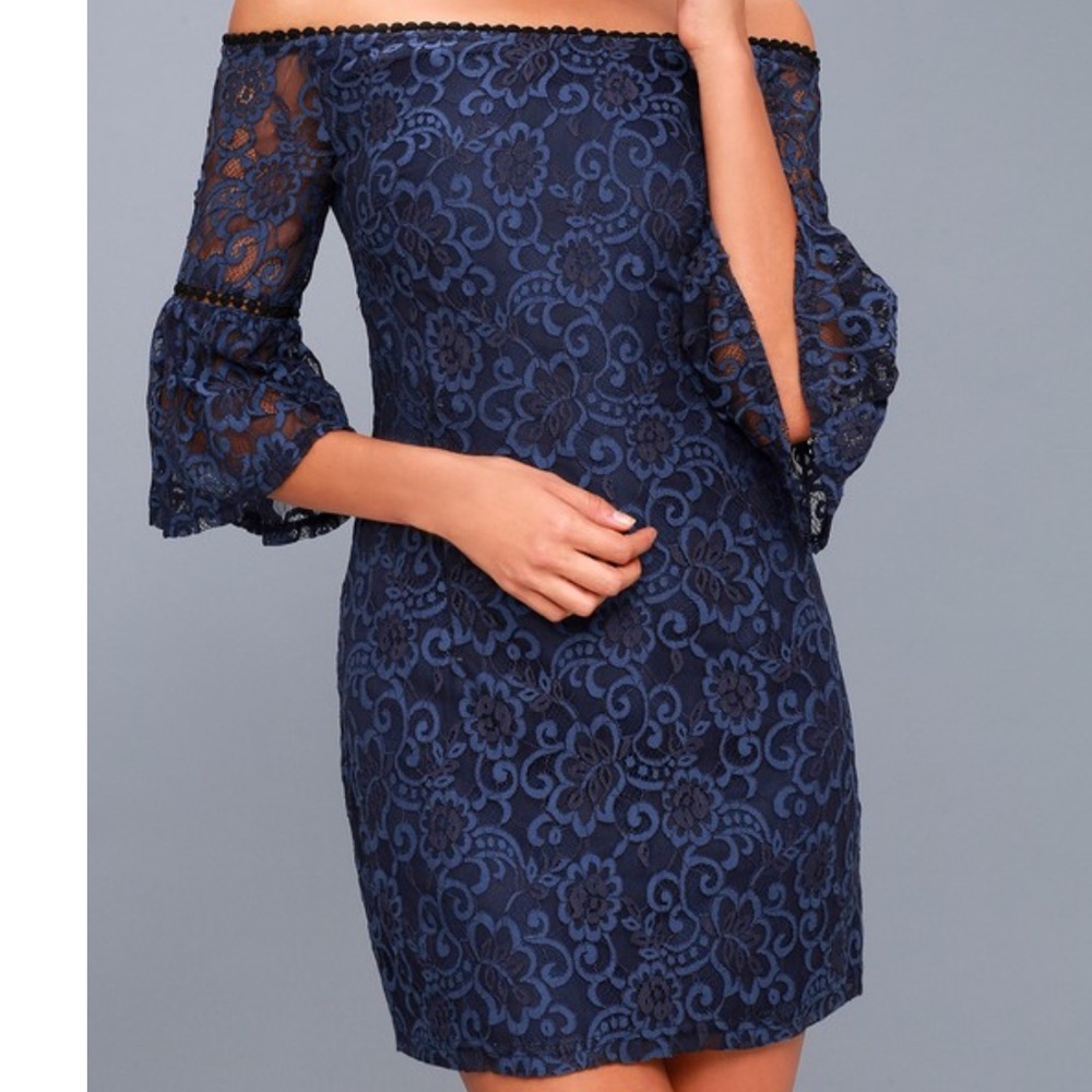 DANLYN NAVY BLUE LACE OFF SHOULDER DRESS bb Dakota - Picture 2 of 8
